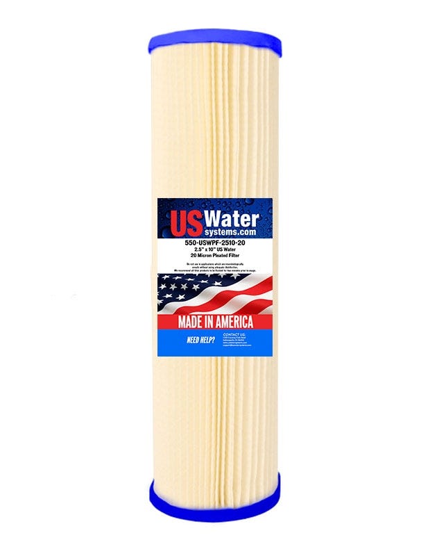 The US Water 2.5 x 9.75 Pleated Filter Cartridge 20 Micron from US Water Systems Inc is a cylindrical filter featuring pleated design with blue ends, proudly labeled with the American flag and Made in America, showcasing its superior water filtration capabilities.