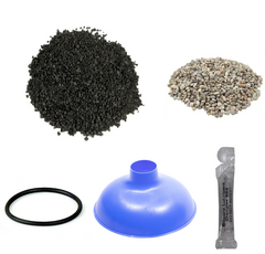 The Pelican WF1054 Media Replacement by US Water Systems includes black grains, small stones, a black ring, a blue funnel replacement, and a silicone lubricant packet on a white background.