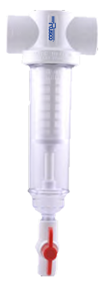 The US Water Systems Rusco Centrifugal Sediment Trapper Spin-Down Filter - 2 Inch is a clear plastic device featuring a white cartridge and red valve, designed for easy plumbing integration to ensure precise and reliable water purification.