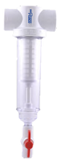 The US Water Systems Rusco Centrifugal Sediment Trapper Spin-Down Filter - 2 Inch is a clear plastic device featuring a white cartridge and red valve, designed for easy plumbing integration to ensure precise and reliable water purification.