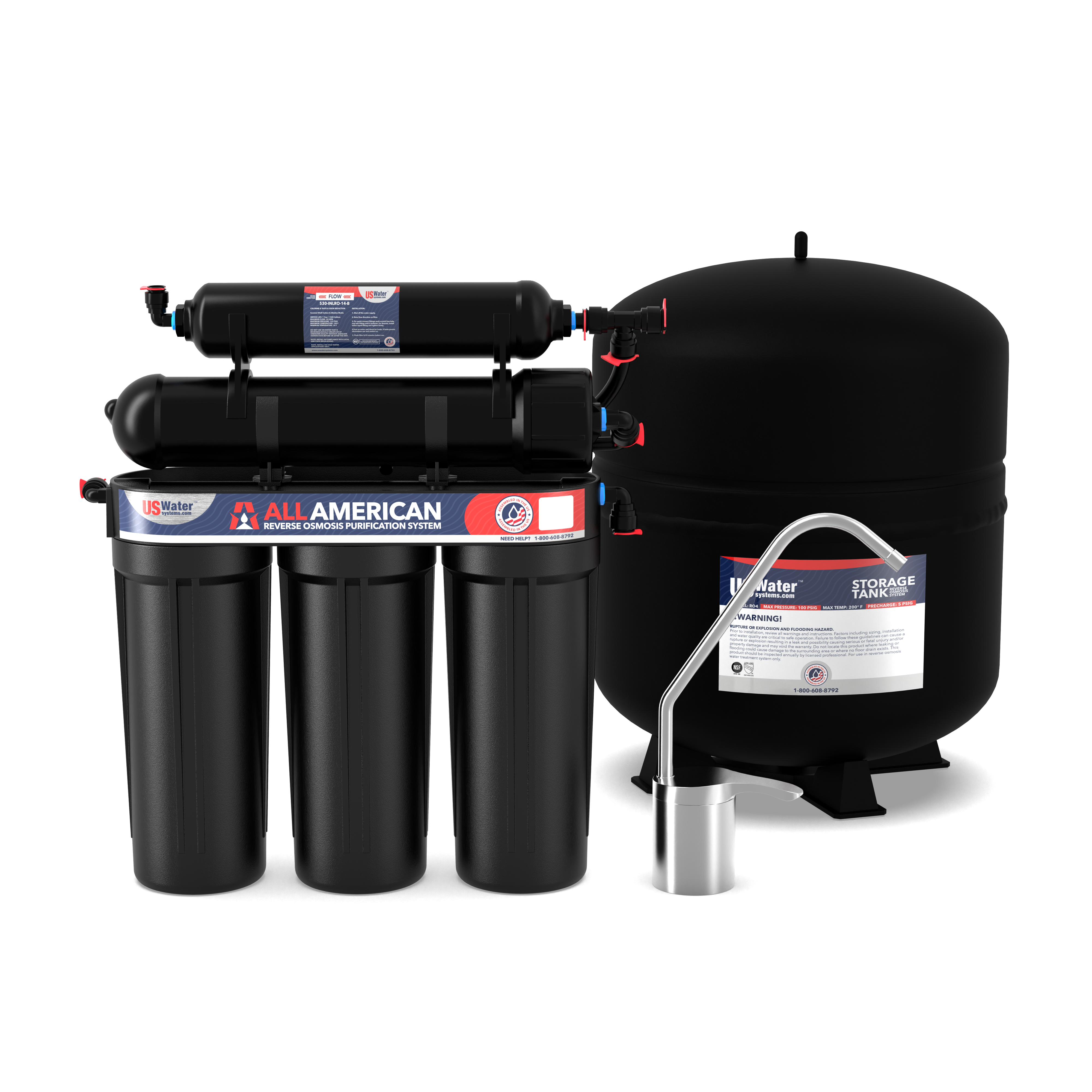 Image of a black reverse osmosis system from US Water Systems Inc, featuring American quality with five stages: three cylindrical filters, a storage tank, and metal faucet. Labeled The American-Made, it offers pure water benefits, accompanied by a small water sample container.