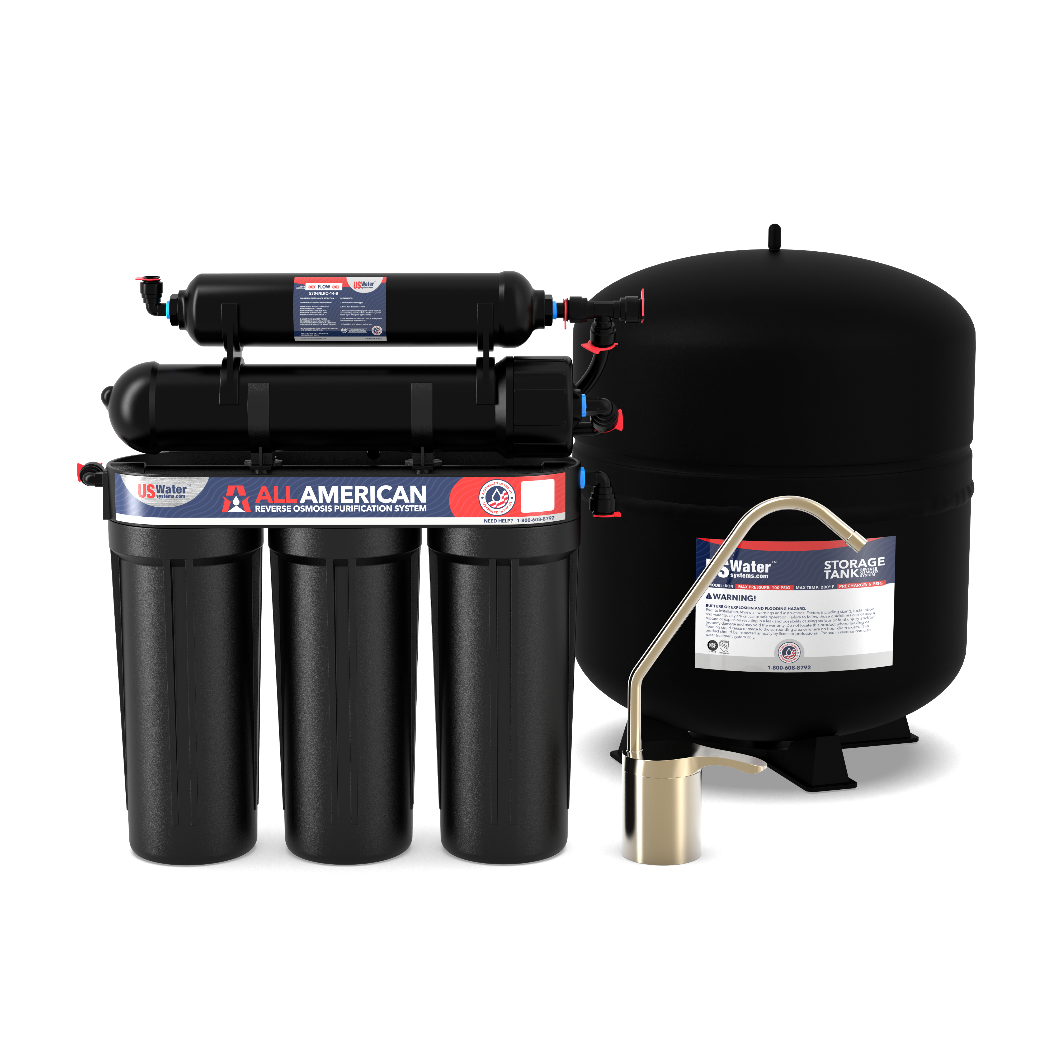 Experience the superior quality of American craftsmanship with US Water Systems Incs The American-Made 5 Stage Reverse Osmosis System, featuring black cylindrical All American filters, a sleek black storage tank, and brass faucet, enhanced by branded labels and red-blue fittings for improved benefits.