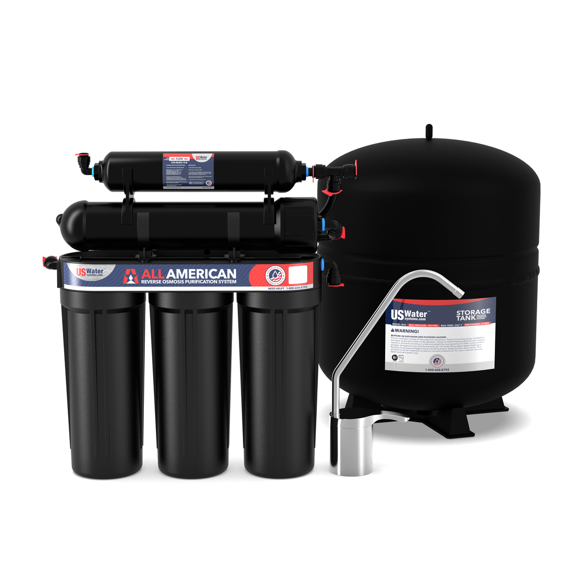 The 5 Stage Reverse Osmosis System by US Water Systems Inc includes a large black storage tank, three cylindrical filter canisters, and connecting tubes. It features a spout and branded label to emphasize American quality for effective water purification.