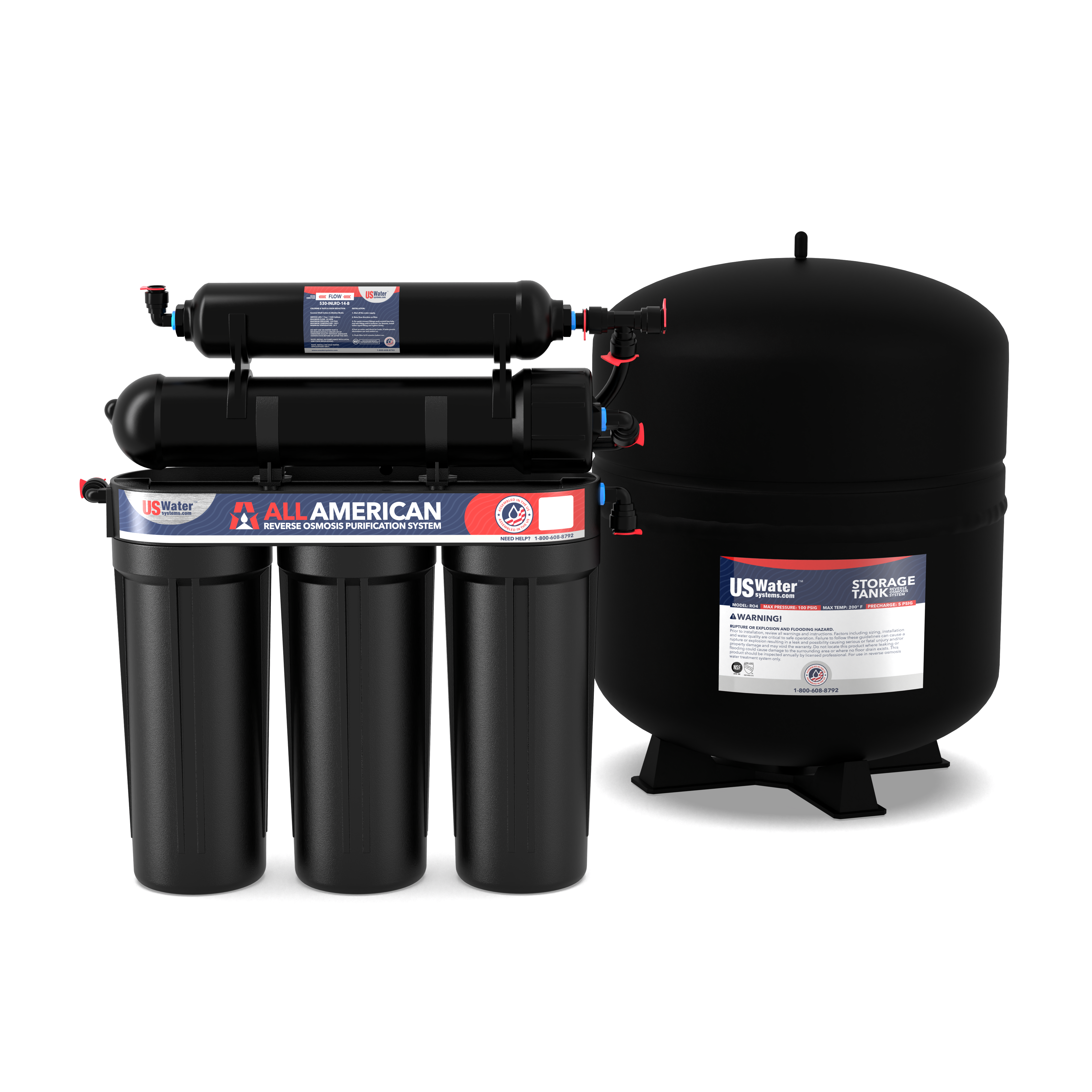 The American-Made 5 Stage Reverse Osmosis System by US Water Systems Inc features top-notch American craftsmanship, multiple cylindrical filters, and a large storage tank with labels that highlight its efficient water purification benefits.