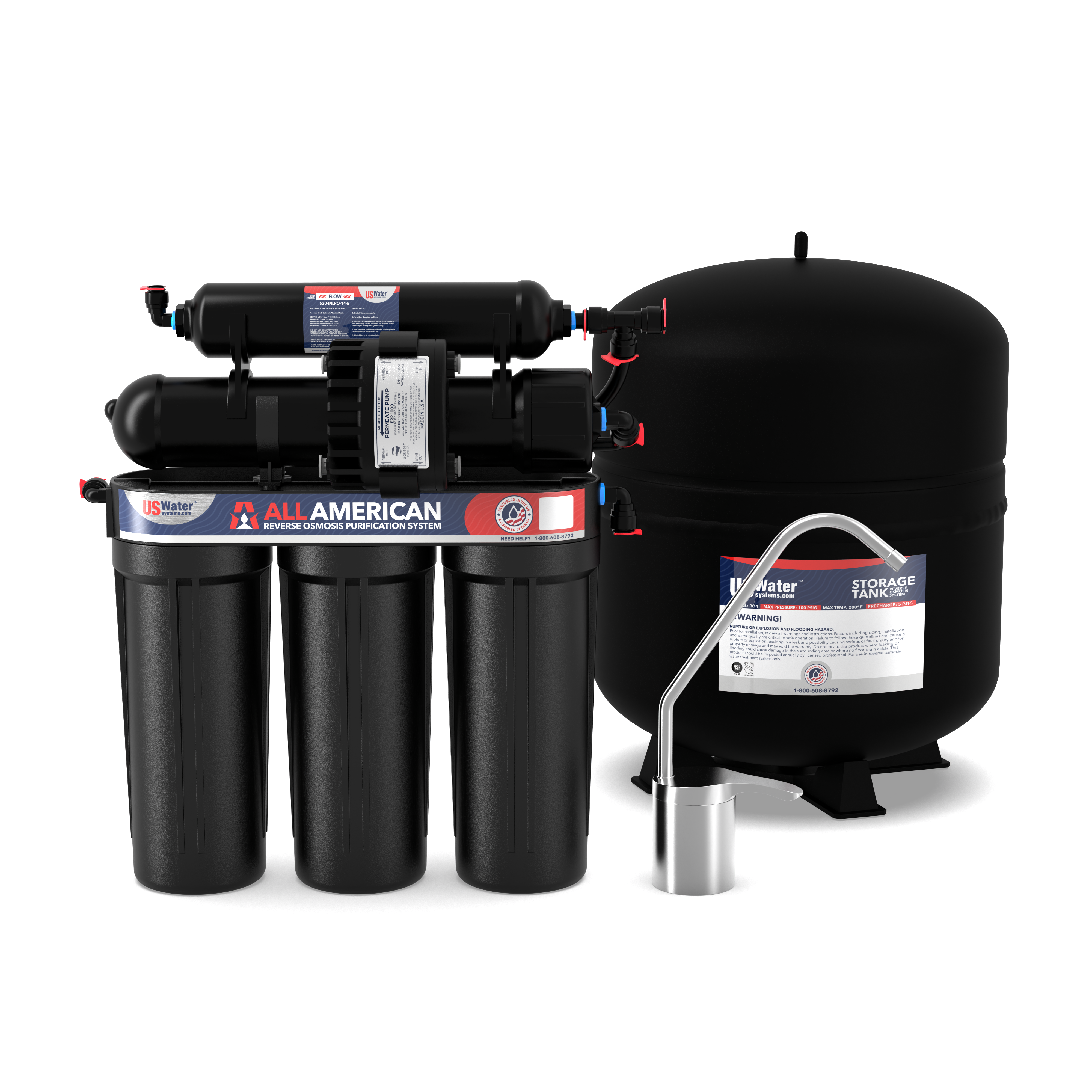 Discover American quality with US Water Systems Incs black The American-Made 5 Stage Reverse Osmosis System. It features three labeled filter tanks on the left, tubes to a smaller top unit, a large right cylindrical storage tank, and a front faucet for clean and safe drinking water.