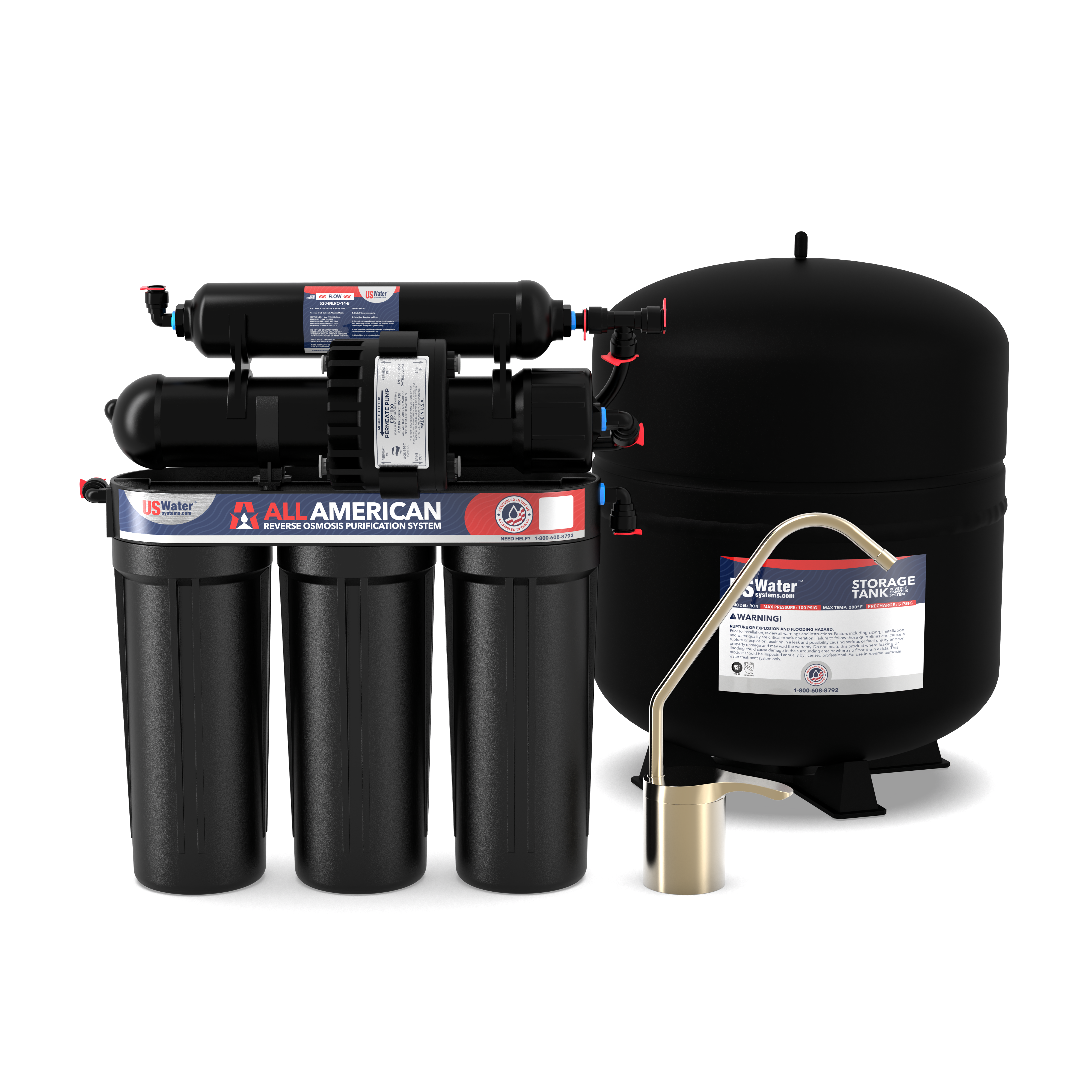 Image of a home water filtration system with black cylindrical filters, a large storage tank, pressure gauge, and tubes. Labeled The American-Made 5 Stage Reverse Osmosis System by US Water Systems Inc., it showcases American quality in purifying water with exceptional benefits.