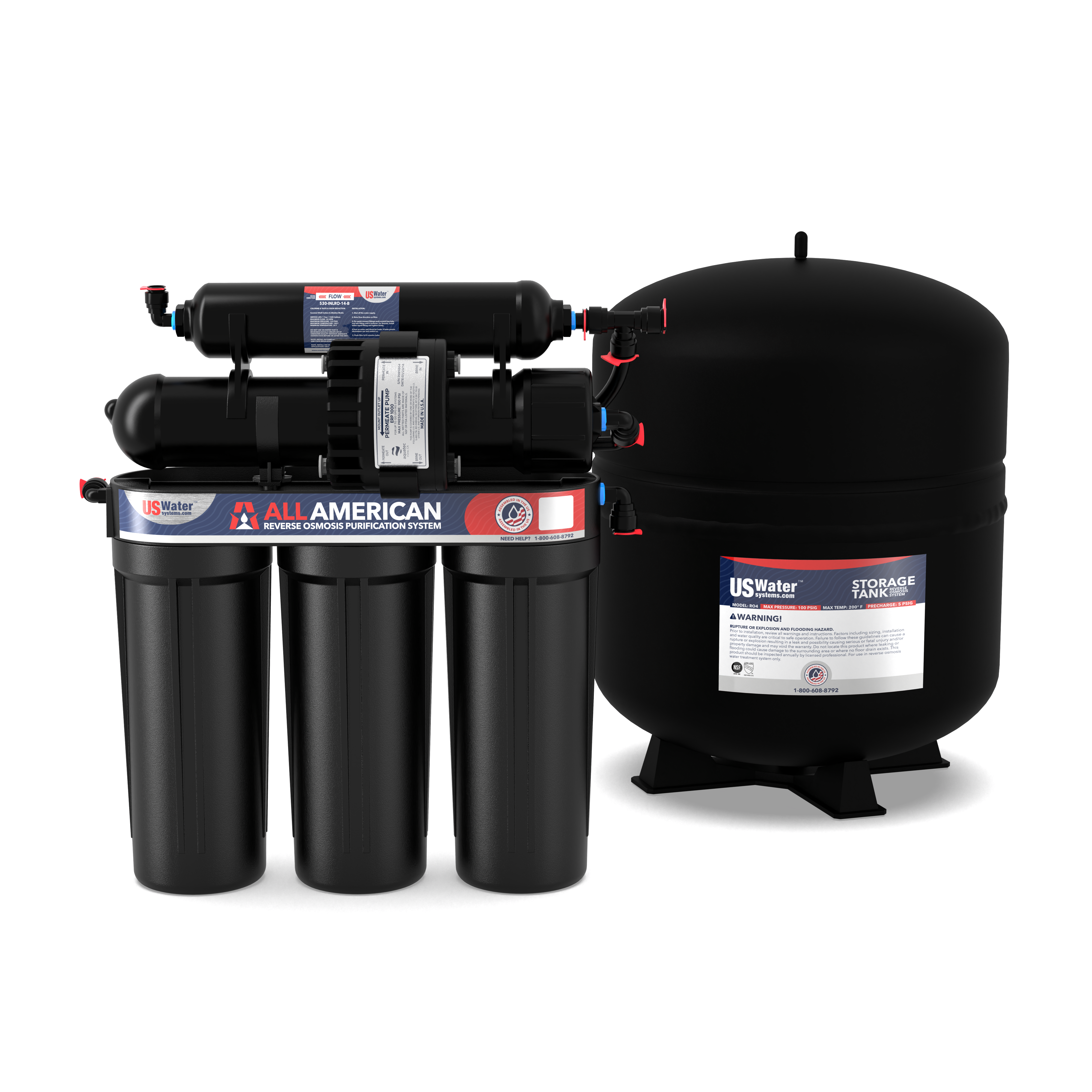 The American-Made 5 Stage Reverse Osmosis System by US Water Systems Inc features three cylindrical filters connected to a black tank, ensuring premium filtration for residential and commercial use.