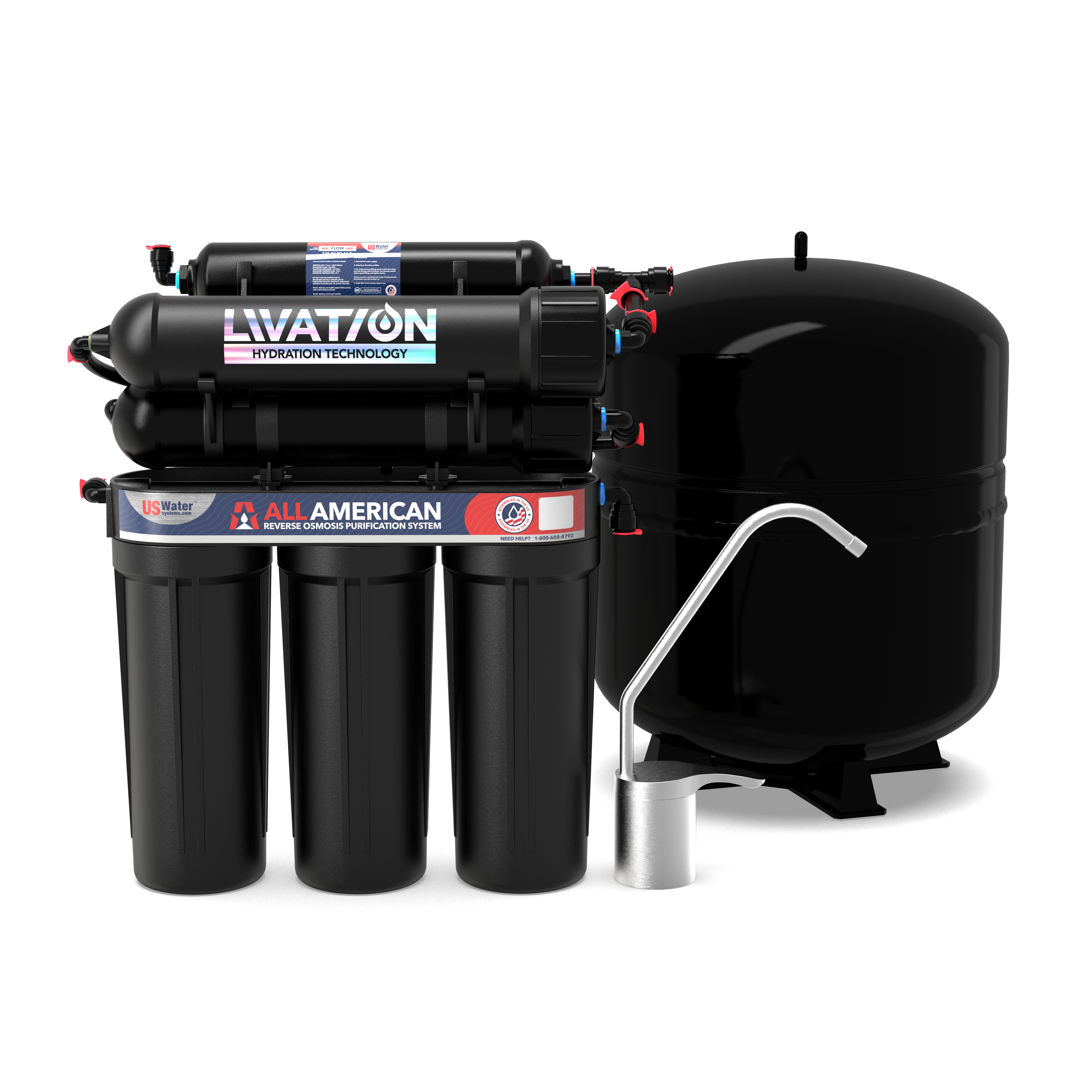 Discover the superior American quality of the US Water Systems The American-Made 6 Stage Alkaline Reverse Osmosis System, featuring three vertical black cylinders, a rounded black tank, and a sleek silver faucet for pure, clean water at home.