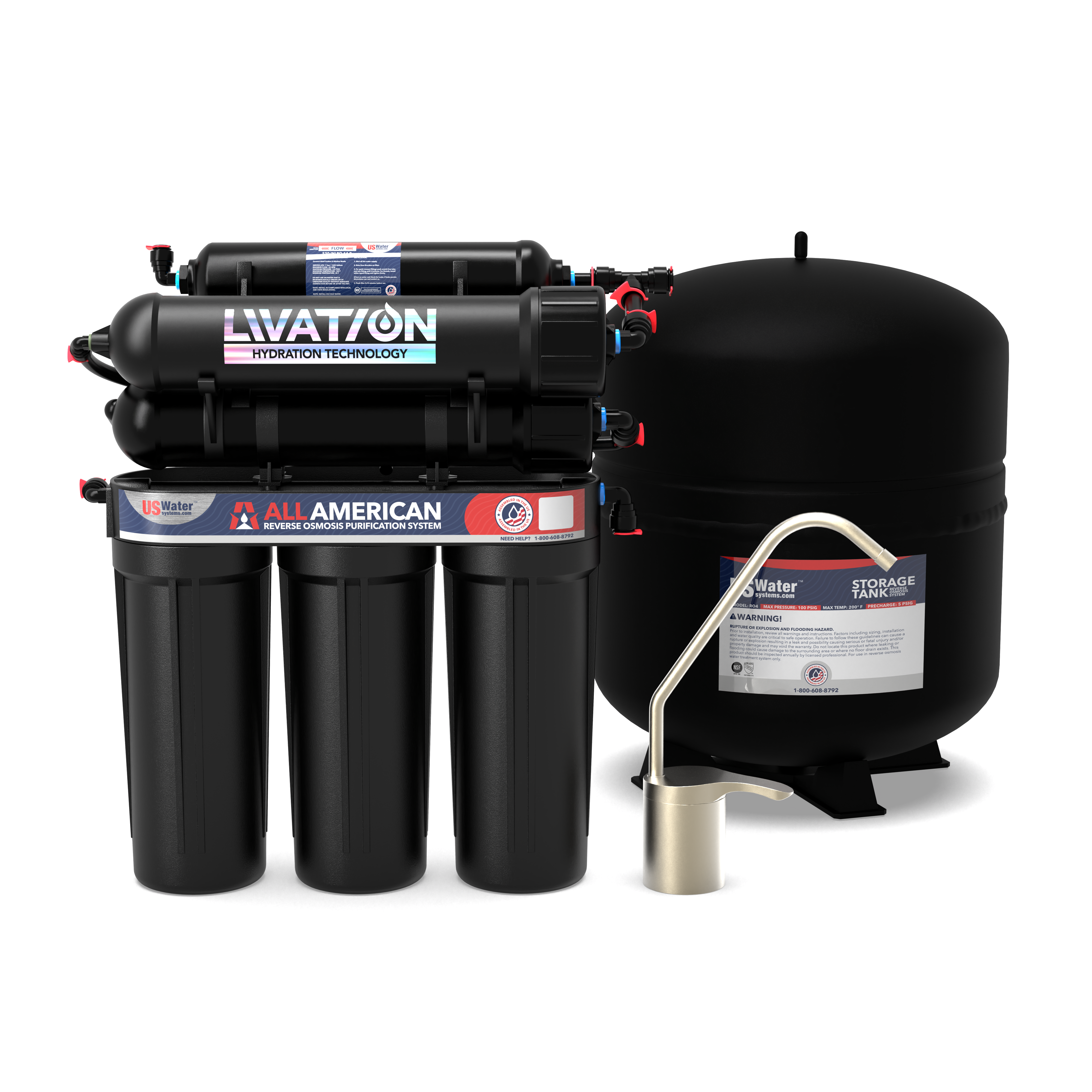 Experience the American excellence of the US Water Systems 6 Stage Alkaline Reverse Osmosis System, featuring labeled components, storage tank, and connected faucet for pure, safe water for your family.