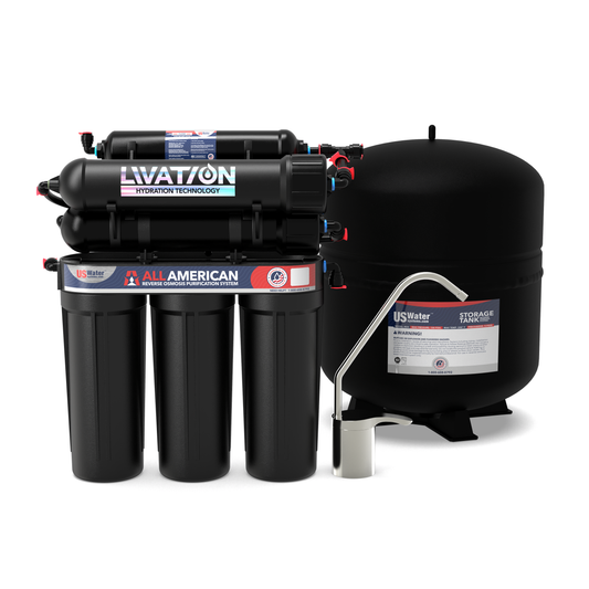 The American-Made 6 Stage Alkaline Reverse Osmosis System by US Water Systems features a storage tank and black cylindrical filters labeled Livation Hydration Technology, offering the benefit of delivering pristine, purified water for your home. 4000