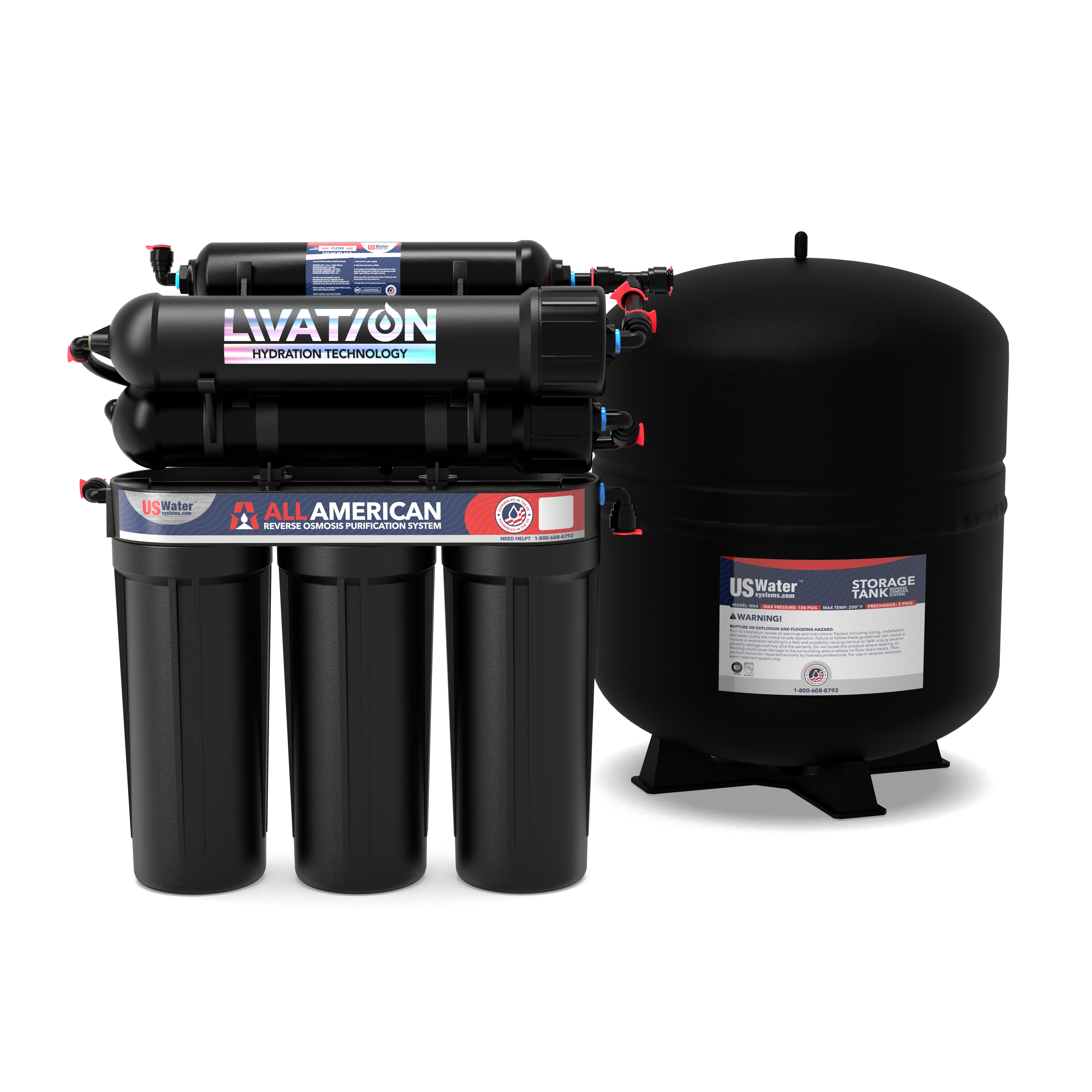 The American-Made 6 Stage Alkaline Reverse Osmosis System by US Water Systems is displayed in black, featuring multiple cylindrical filters beside a round storage tank, highlighting the benefits of American quality. Both items have label stickers.