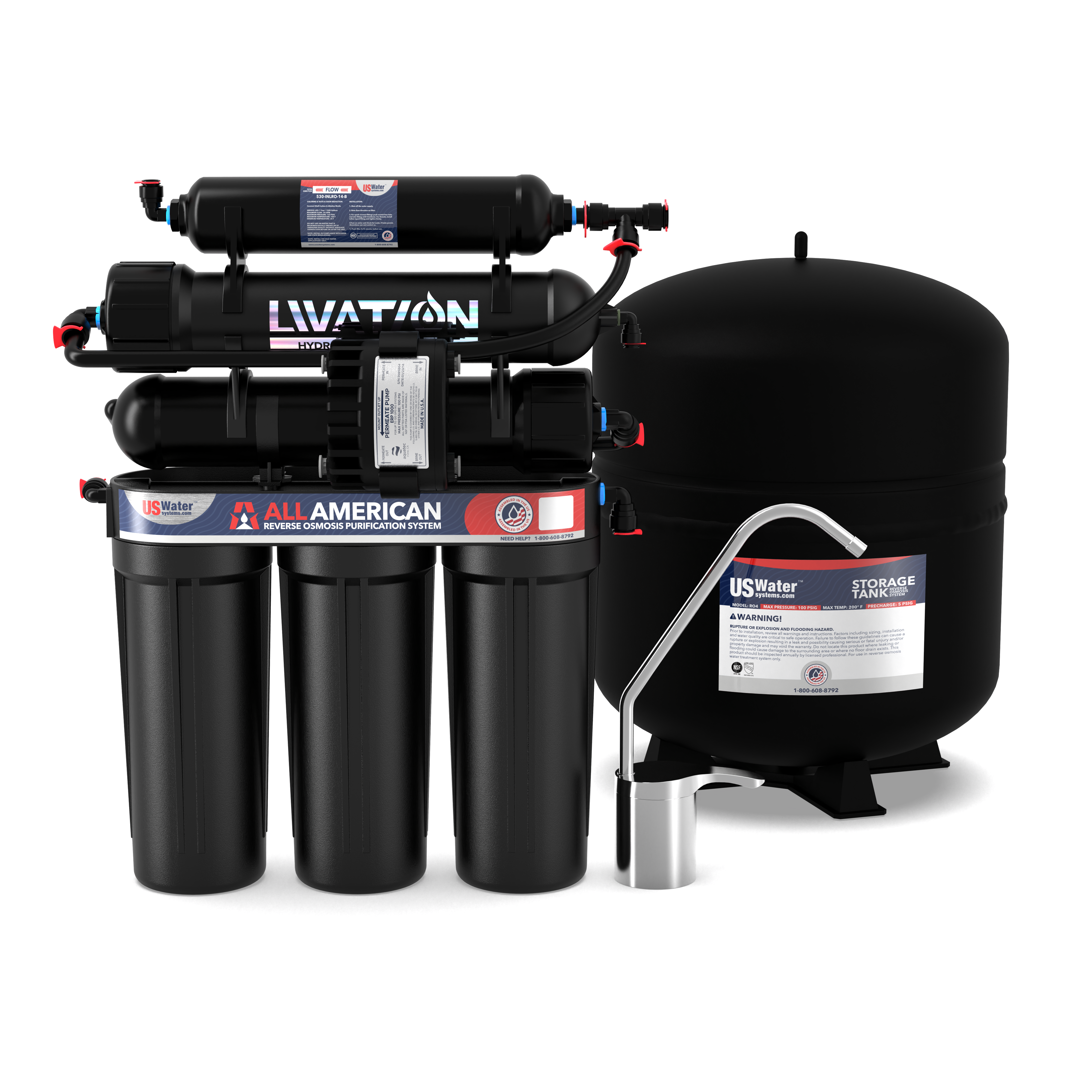 Image of the American-Made 6 Stage Alkaline Reverse Osmosis System by US Water Systems, featuring a black water filtration unit with multiple cylindrical filters, a storage tank, and a faucet attachment showcasing American quality.