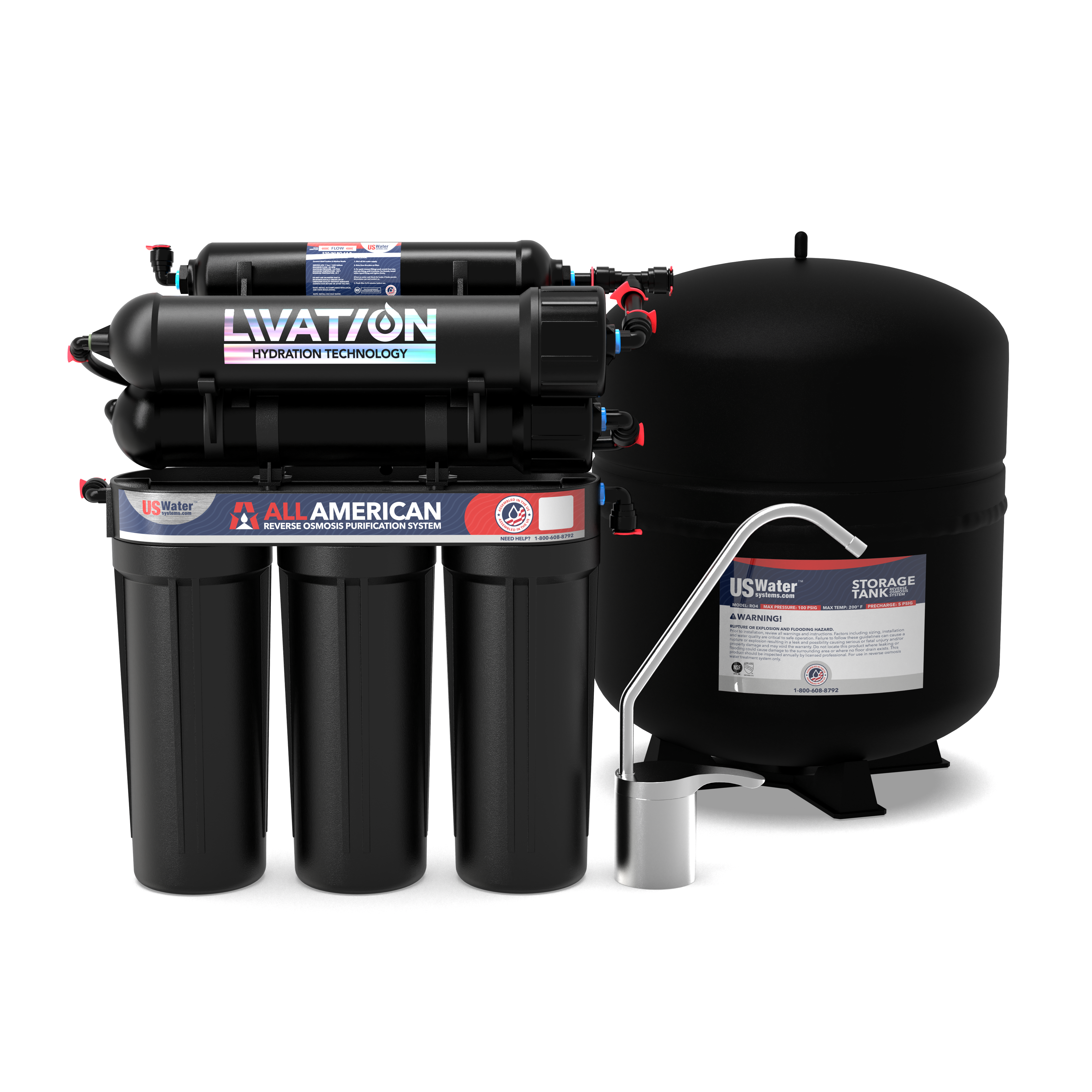 Experience the advantages of US Water Systems American-Made 6 Stage Alkaline Reverse Osmosis System, featuring black cylindrical filters, a storage tank, and a handy faucet attachment for clean, refreshing water.