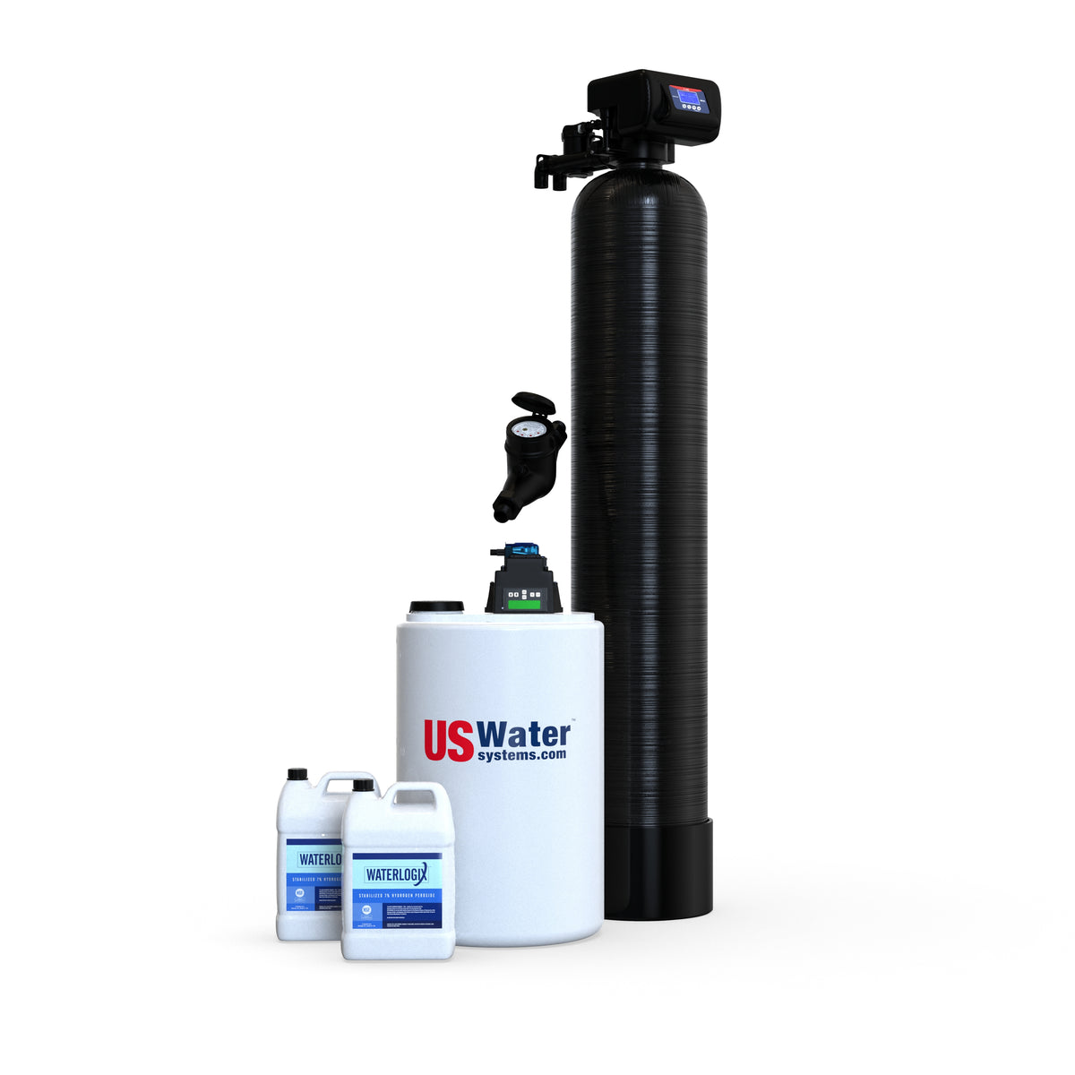 The Flexx InFusion Iron And Sulfur Eradication System by US Water Systems Inc features a tall black tank, a white US Water container, and two Waterguard bottles, expertly designed for well water treatment to efficiently remove iron.