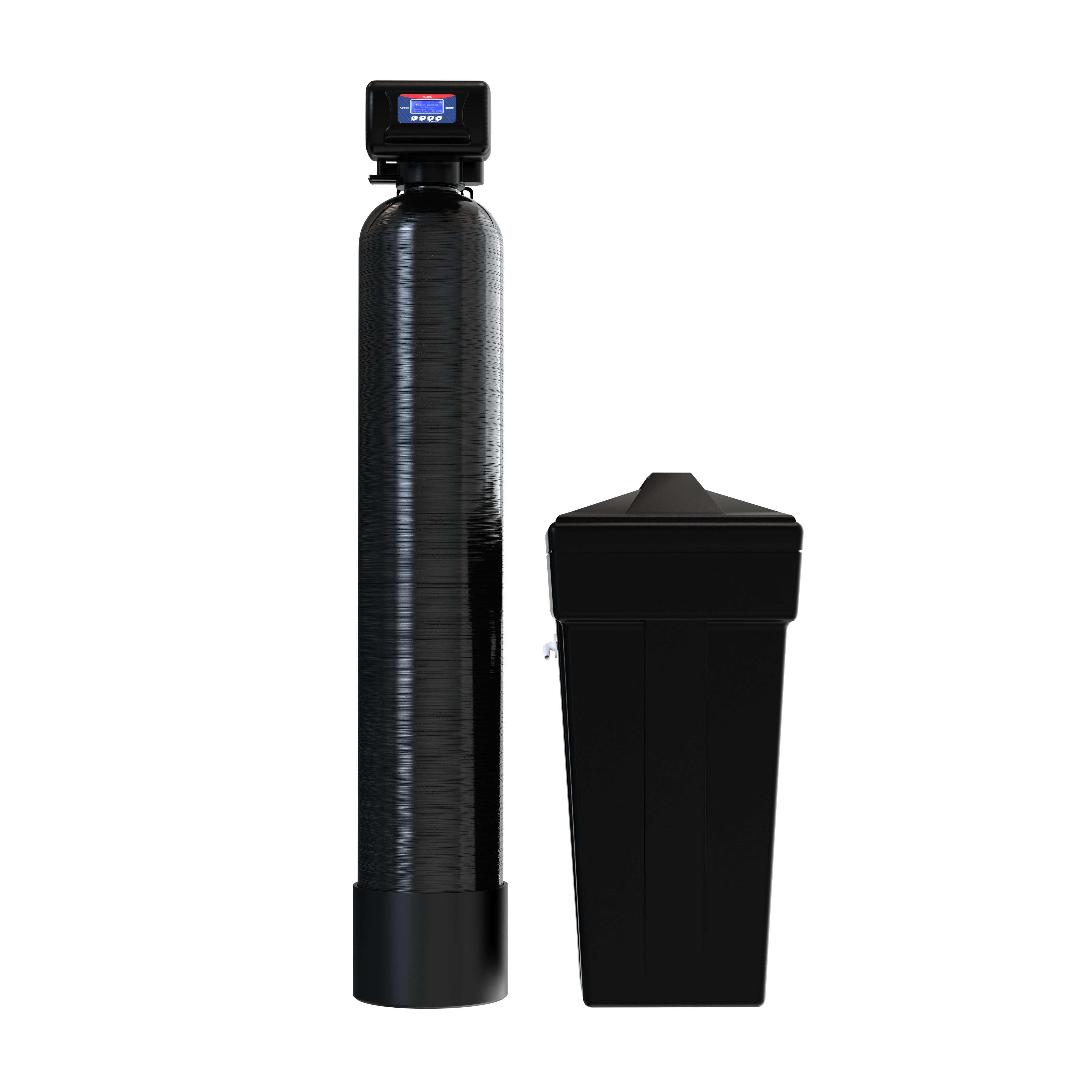 The US Water Systems Inc Flexx-HD Economy Metered Water Softener features heavy-duty construction and stands next to a lidded rectangular tank on the right.