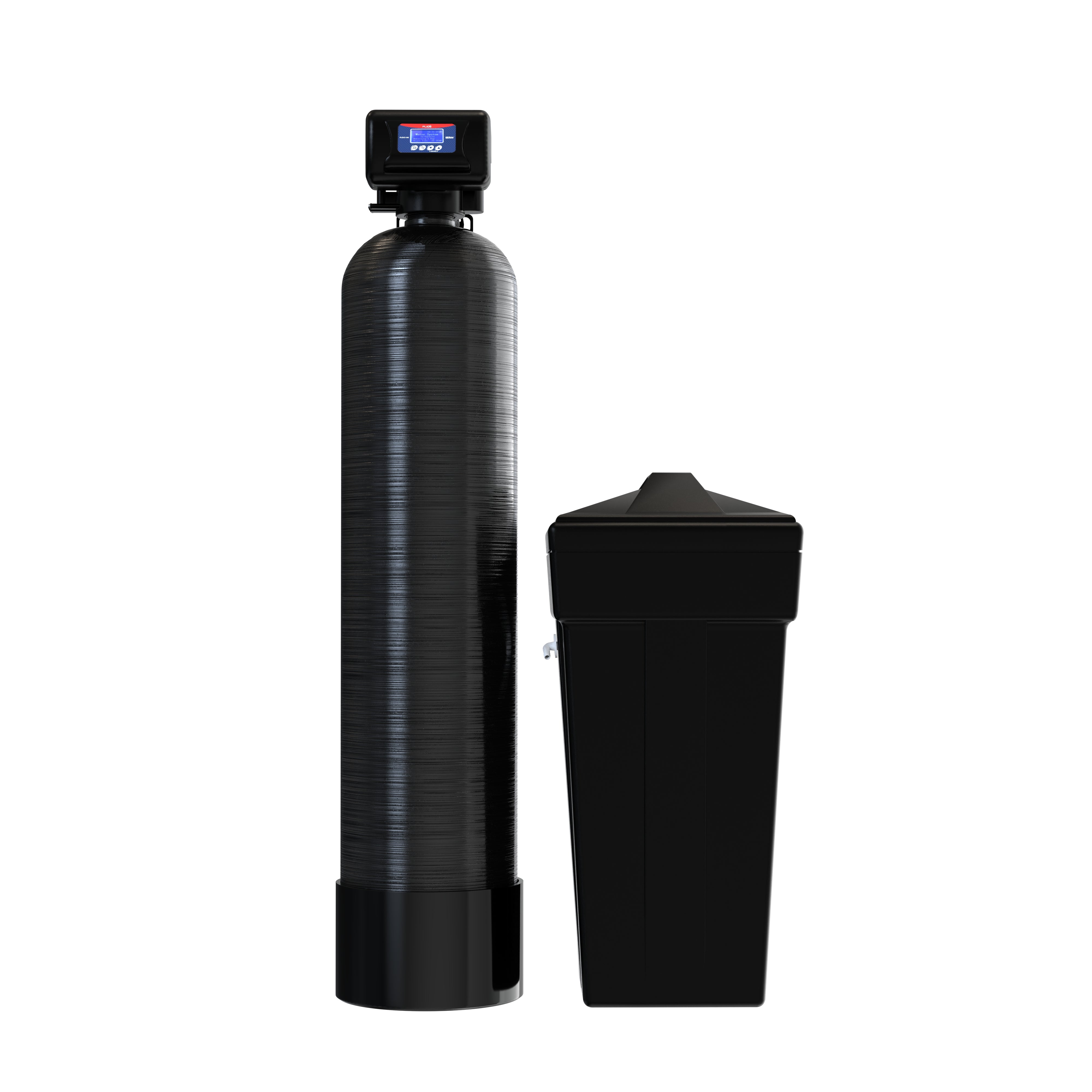 Introducing the Flexx-HD Economy Metered Water Softener by US Water Systems Inc, featuring a durable cylindrical tank with a digital display and a sleek rectangular brine tank with a sloped lid for optimal performance.