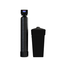 The Flexx-HD Economy Metered Water Softener by US Water Systems Inc features a sleek digital display and stands next to a sturdy black rectangular brine tank, showcasing its tall, heavy-duty black construction.