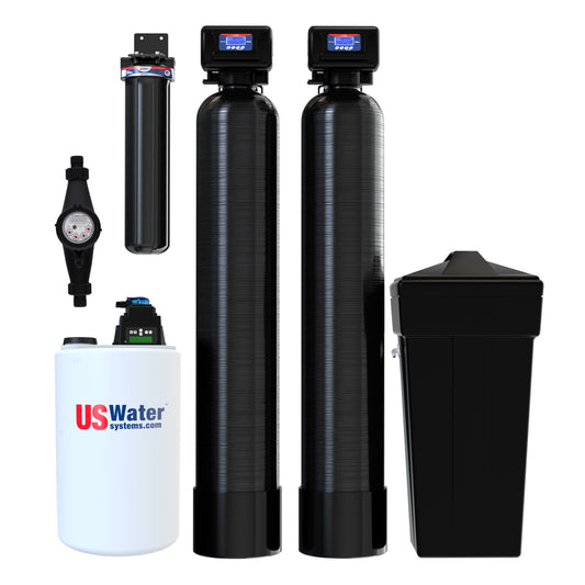 Experience the Flexx Iron & Sulfur Eradication & Softening System by US Water Systems Inc. This marvel includes twin black carbon tanks, a brine tank, iron removal, a control valve, sediment filter, pressure gauge, and a white tank marked US Water Systems.com. 4000