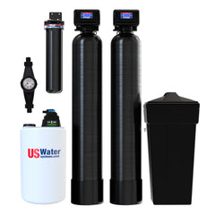 Experience the Flexx Iron & Sulfur Eradication & Softening System by US Water Systems Inc. This marvel includes twin black carbon tanks, a brine tank, iron removal, a control valve, sediment filter, pressure gauge, and a white tank marked US Water Systems.com.