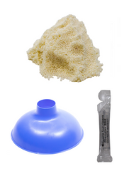 The Greenwave Salt-Free System 12 X 52 Rebed Kit - 20 GPM by US Water Systems includes beige foam, a blue plastic funnel distributor tube, and a sealed packet of silicone lubricant gel.