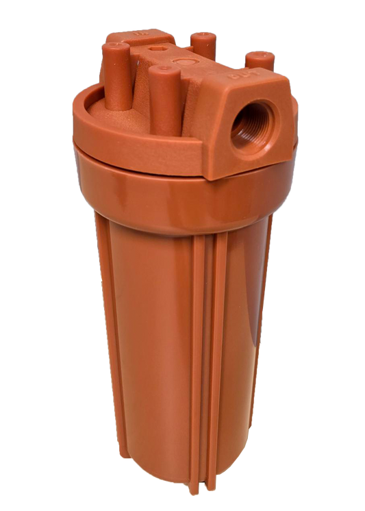 The High Temperature Filter Housing Kit - 10 Inch (HT10) by US Water Systems Inc features a brown plastic body with multiple inlet and outlet ports on top for high-temperature applications. 1500