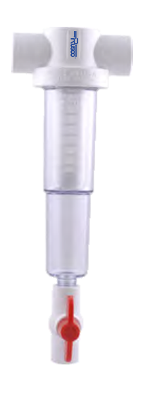 The Rusco Centrifugal Sediment Trapper Spin-Down Filter from US Water Systems features a white and transparent cylindrical design with a red valve, ideal for capturing impurities. 203