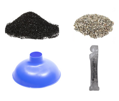 The SentryPFN Whole House Rebed Kit - 10 GPM by US Water Systems, featuring black granules, a Gravel Funnel, small stones, and silicone lubricant gel, is arranged on a white background.