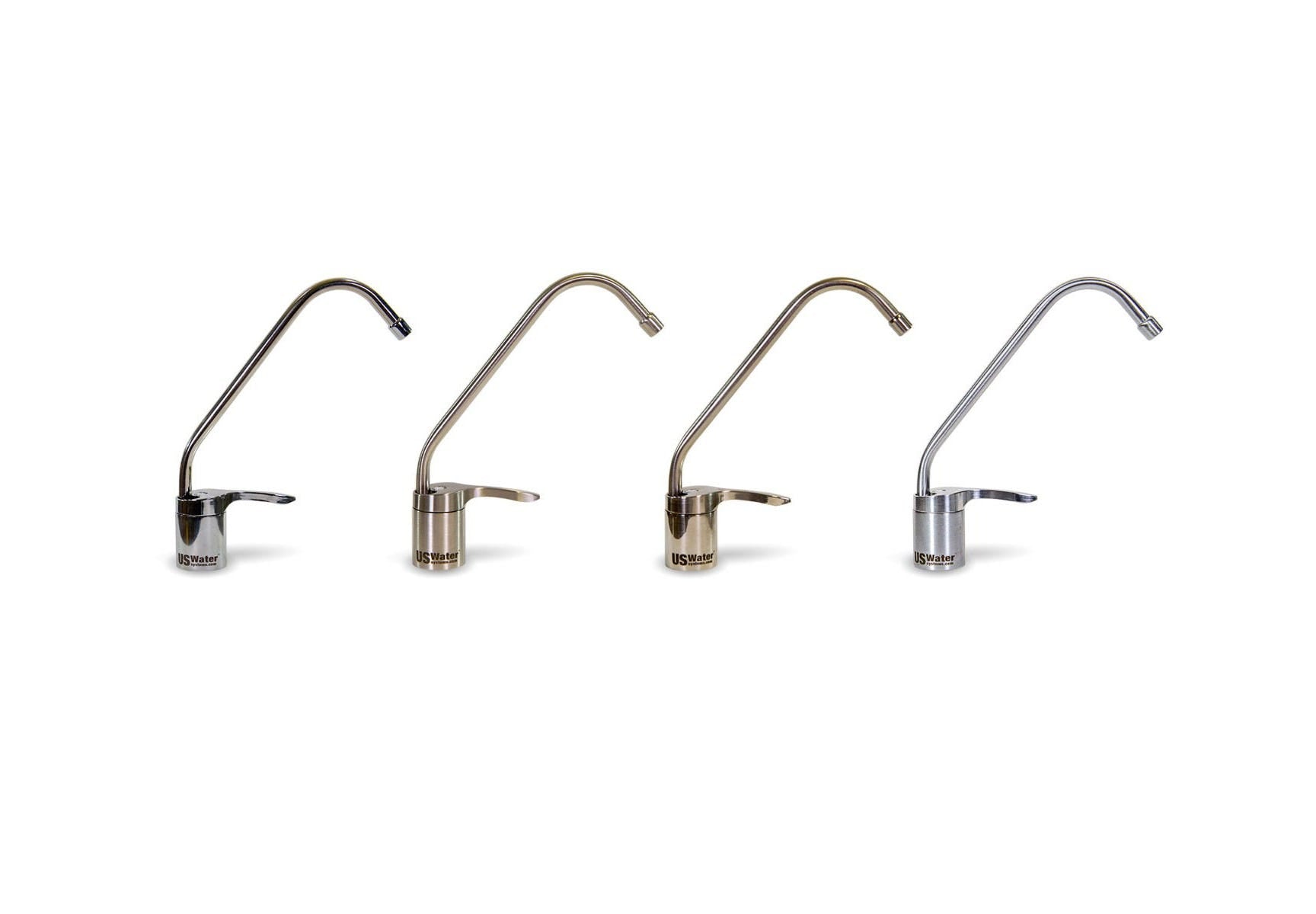 Four sleek, modern faucets in finishes of black, bronze, brass, and chrome are lined up horizontally on a white background. Each American-made faucet features a curved spout and single lever handle for style and usability by US Water Systems Inc., showcasing their commitment to quality.