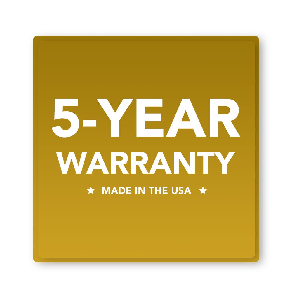 American quality is evident in this gold square featuring white text: 5-Year Warranty. Made in the USA by US Water Systems for The American-Made 6 Stage Alkaline Reverse Osmosis System.