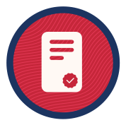 A circular icon with a red center, navy border, and a white document symbol featuring lines and a check-marked seal at the bottom.