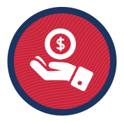A white icon of a hand holding a coin with a dollar sign, centered on a red circular background with a dark blue border.