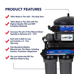 Experience American quality with the US Water Systems American-Made 6 Stage Alkaline Reverse Osmosis System. Crafted in the USA and FDA-approved, it enriches your water with beneficial minerals, boosts pH levels, and offers peace of mind with a 5-year warranty.