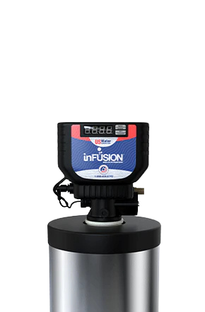 A water softener control valve labeled inFUSION sits atop a cylindrical tank.
