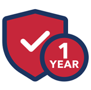 Red shield with a white check mark and blue border, next to a blue-bordered circle with 1 YEAR written inside, indicating a one-year guarantee or warranty.