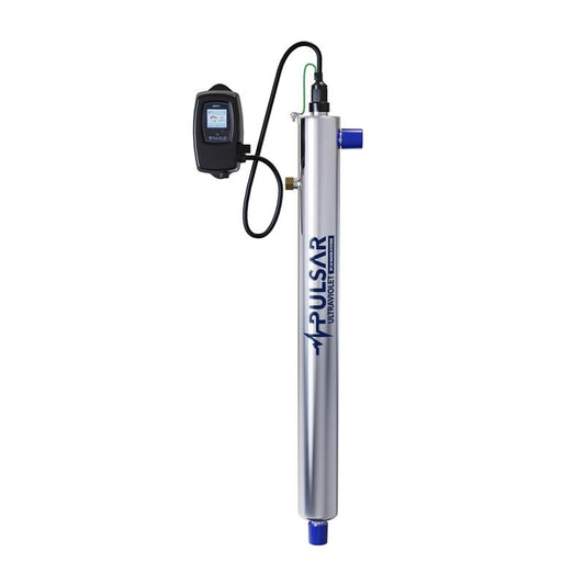 The Pulsar Ultraviolet Disinfection System by US Water Systems Inc features a metal chamber, control unit with digital display, and power cord. It uses germicidal UV light to effectively disinfect water and protect against chlorine-resistant parasites. 800