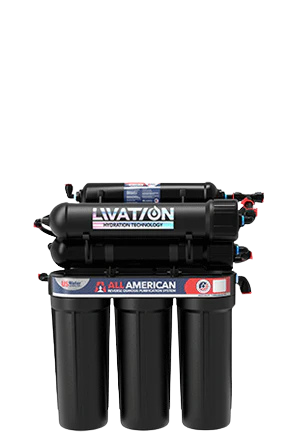 A black water filtration system with three vertical canisters and labeled components, including LIVATION and ALL AMERICAN on the front.