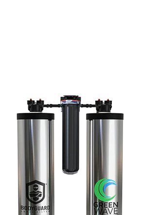 Two stainless steel water filtration tanks labeled Bodyguard and Green Wave with a central black filter component connecting them.