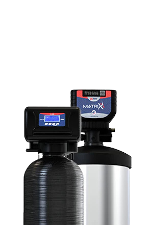 Two industrial water filtration tanks with digital control heads, one black and one silver, shown against a plain background.