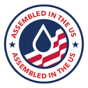 Circular badge with a water droplet icon, red stripes resembling a US flag, and the text Assembled in the US around the border.