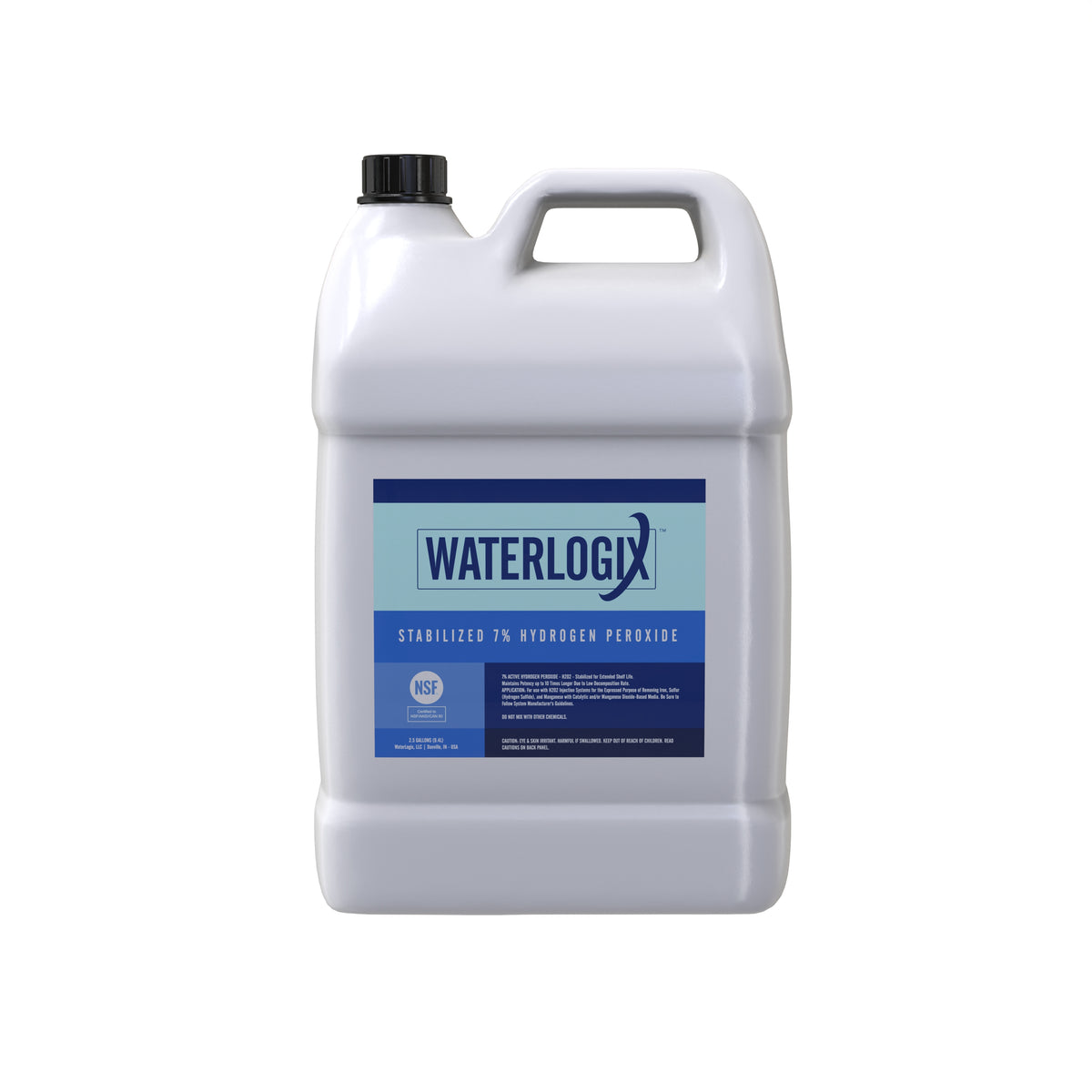 US Water Systems Incs WATERLOGIX HYDROGEN PEROXIDE comes in two white 2.5-gallon plastic bottles with black caps and a blue label highlighting Stabilized 7% Hydrogen Peroxide. It’s NSF-certified for water treatment, effectively addressing problems like the rotten egg smell.