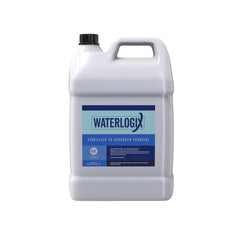 US Water Systems Incs WATERLOGIX HYDROGEN PEROXIDE comes in two white 2.5-gallon plastic bottles with black caps and a blue label highlighting Stabilized 7% Hydrogen Peroxide. It’s NSF-certified for water treatment, effectively addressing problems like the rotten egg smell.