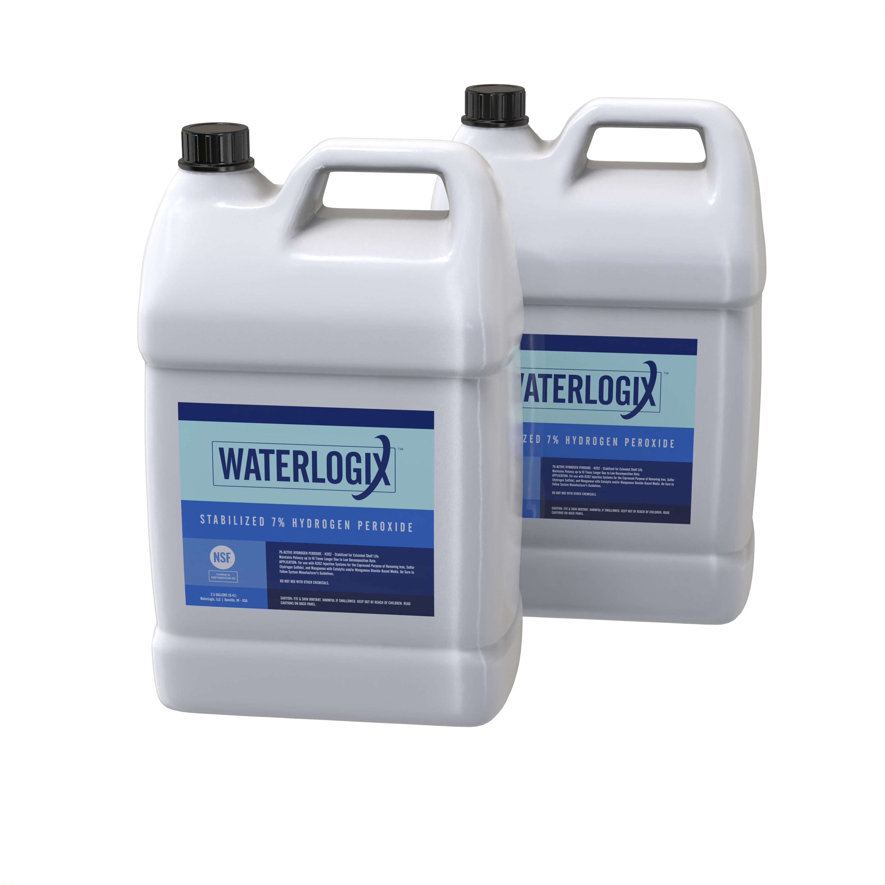 Two 2.5-gallon white plastic jugs labeled WATERLOGIX by US Water Systems Inc, featuring blue and white labels. Each has a black screw cap and contains 7% stabilized hydrogen peroxide, designed for water treatment to eliminate rotten egg smell, showcased on a pristine white background.