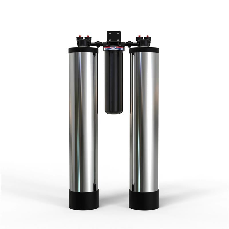 The US Water Systems Bodyguard Whole House Filtration & Green Wave Salt Free Alternative System features three cylinders: two large vertical metal ones flanking a smaller central one, all connected by a top horizontal bracket, including a salt-free water conditioner.