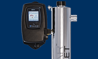A stainless steel ultraviolet disinfection device with a digital display is shown against a blue background with the text “Ultraviolet Disinfection” and a “Shop Now” button.